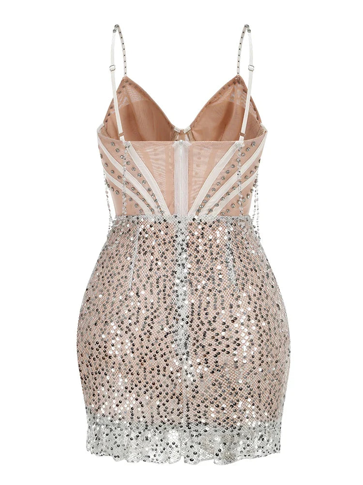 Diamonds Chain Beaded Mini Dress | Spaghetti Strap Party Gown