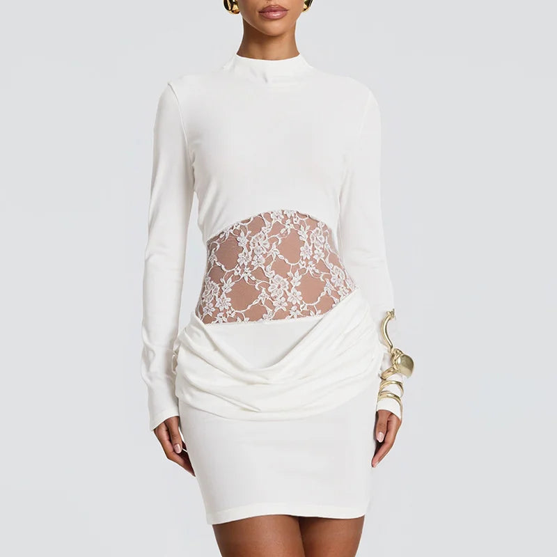 Lace Waist Bodycon Mini Dress with Sculpted Long Sleeves
