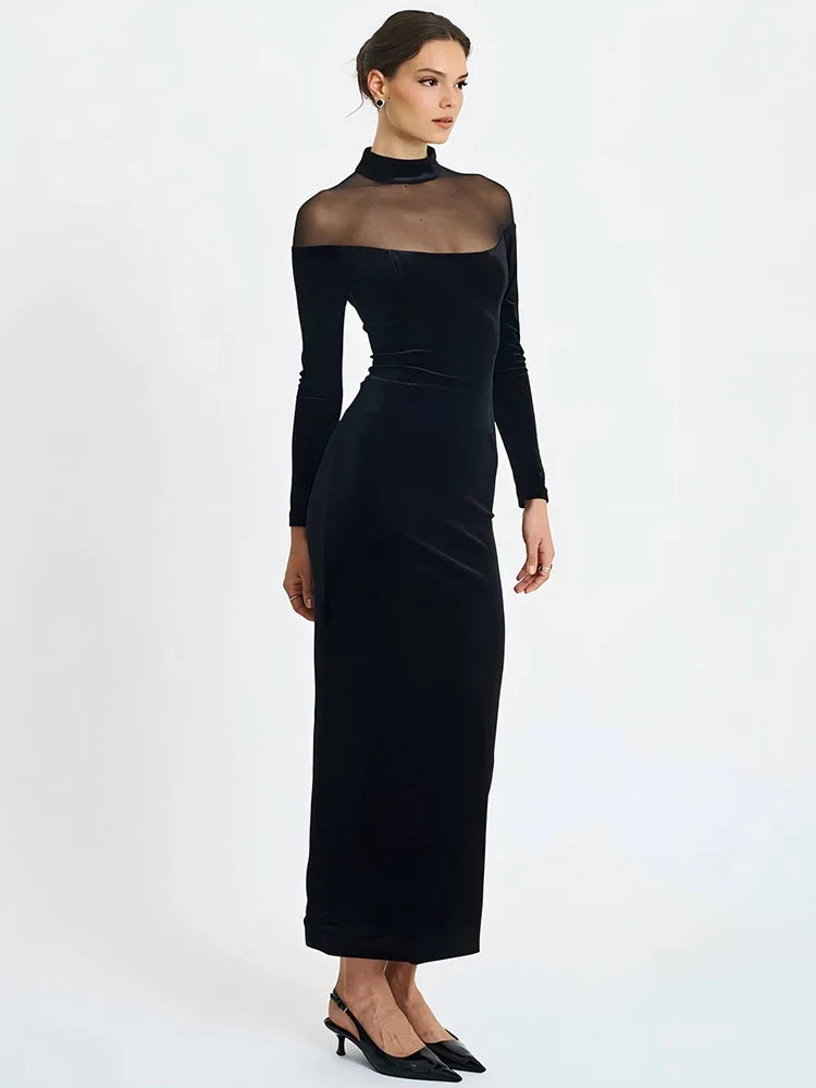 Black Velvet Sheer Off-Shoulder Evening Maxi Dress