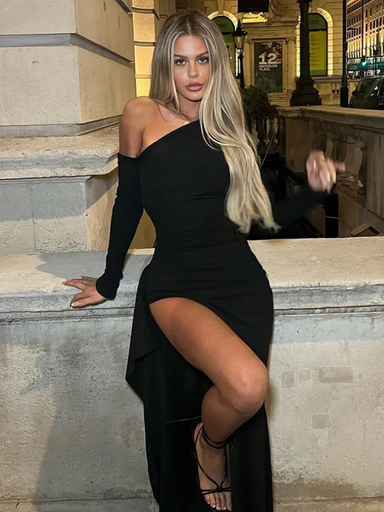 Black Ruched Maxi Dress – Long Sleeve High Slit Evening Gown