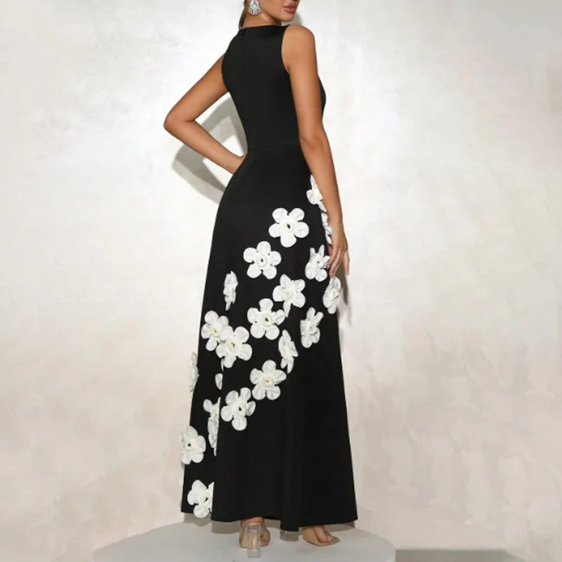 White Floral Embroidered Maxi Dress | Black 3D Flower Detail