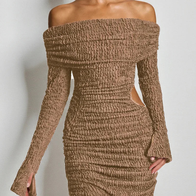 Beige Off-Shoulder Pleated Long Dress | Cozy Autumn Edit