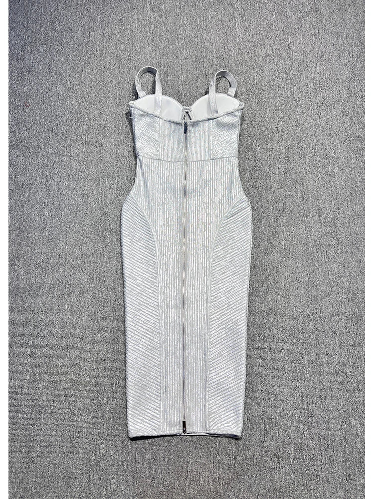 Silver Foil V Neck Bandage Dress | Spaghetti Strap Midi Gown