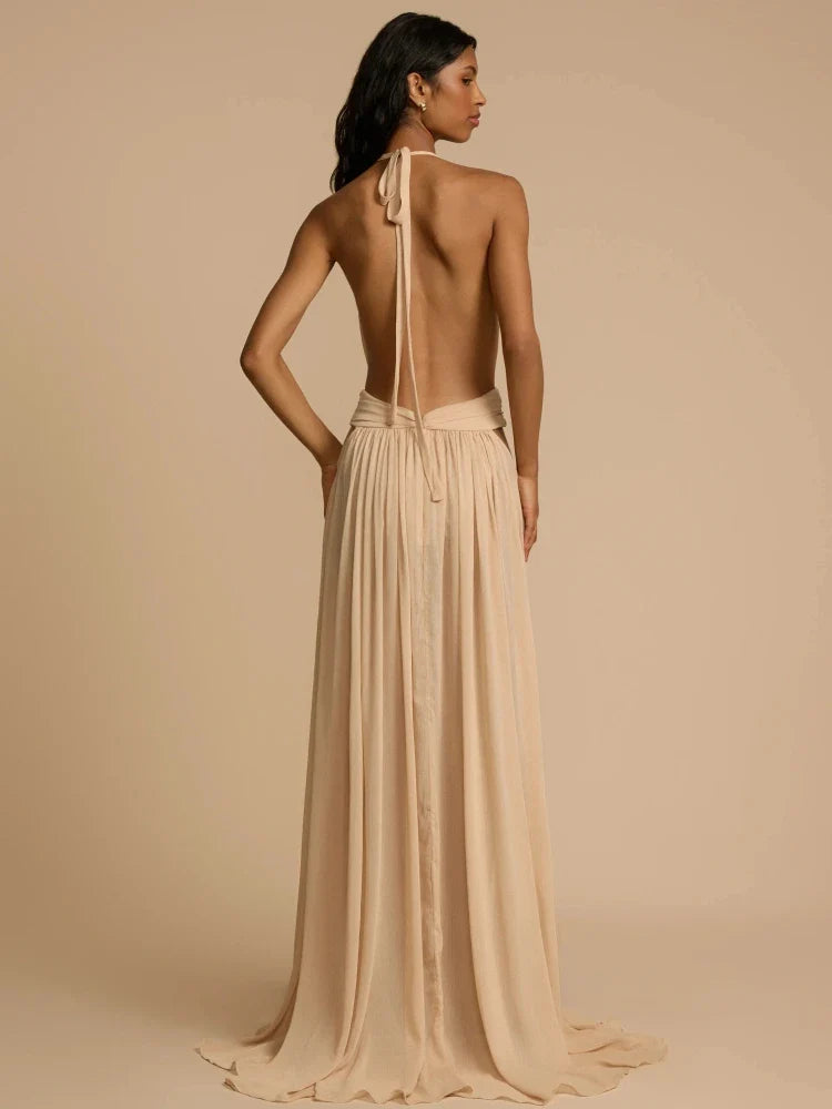 Apricot & Claret Deep V-Neck Backless Pleated Long Dress