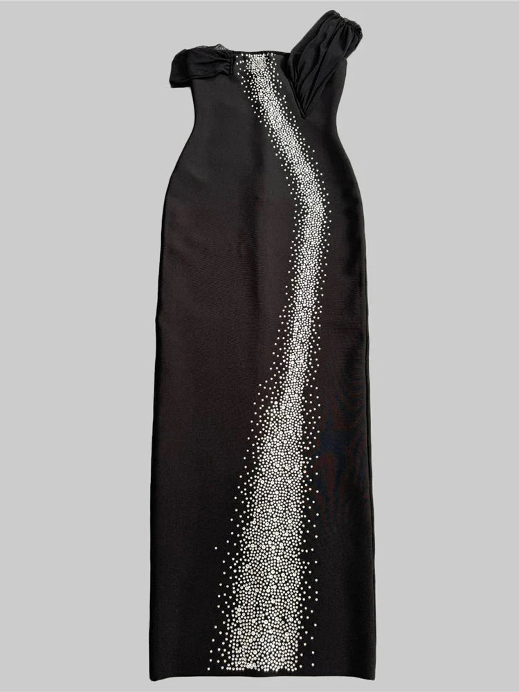 Black One-Shoulder Shiny Diamonds Mesh Patchwork Long Dress