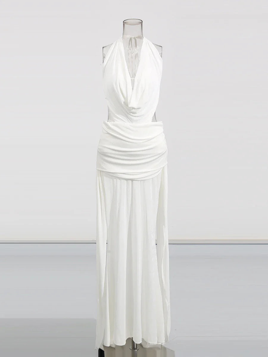 White Open Back Cowl Neck Drape Maxi Dress