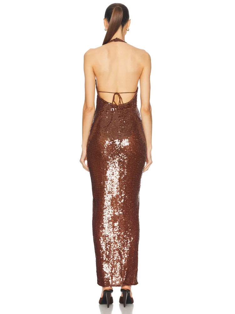 Brown Sequin Halter Neck Long Dress