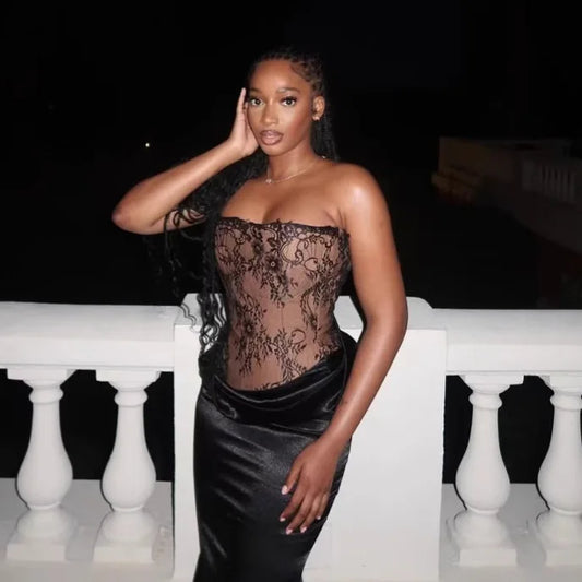 Black Lace Pleated Satin Drape Maxi Dress