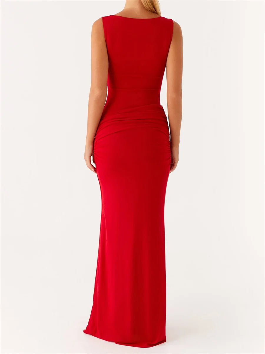 Red Twist Knot Sleeveless Maxi Dress – Elegant Y2K Ruched Gown