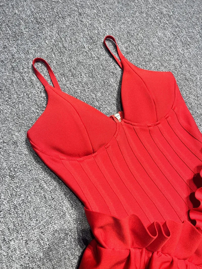 Red Ruffles V-Neck Maxi Bodycon Dress - Elegant Evening & Party Outfit