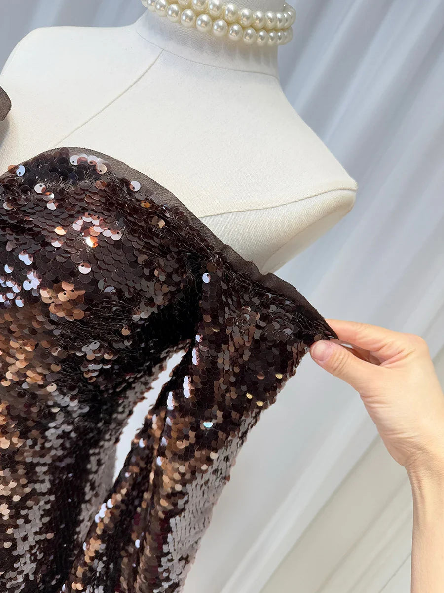 Brown Sequin Slash-Neck Sleeveless Maxi Dress