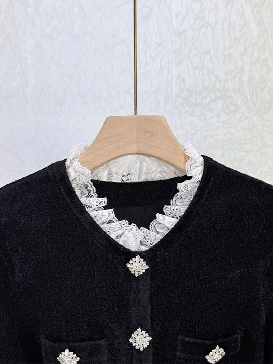 Round Neck Long Sleeve Diamond Button Lace Trim Mini Dress