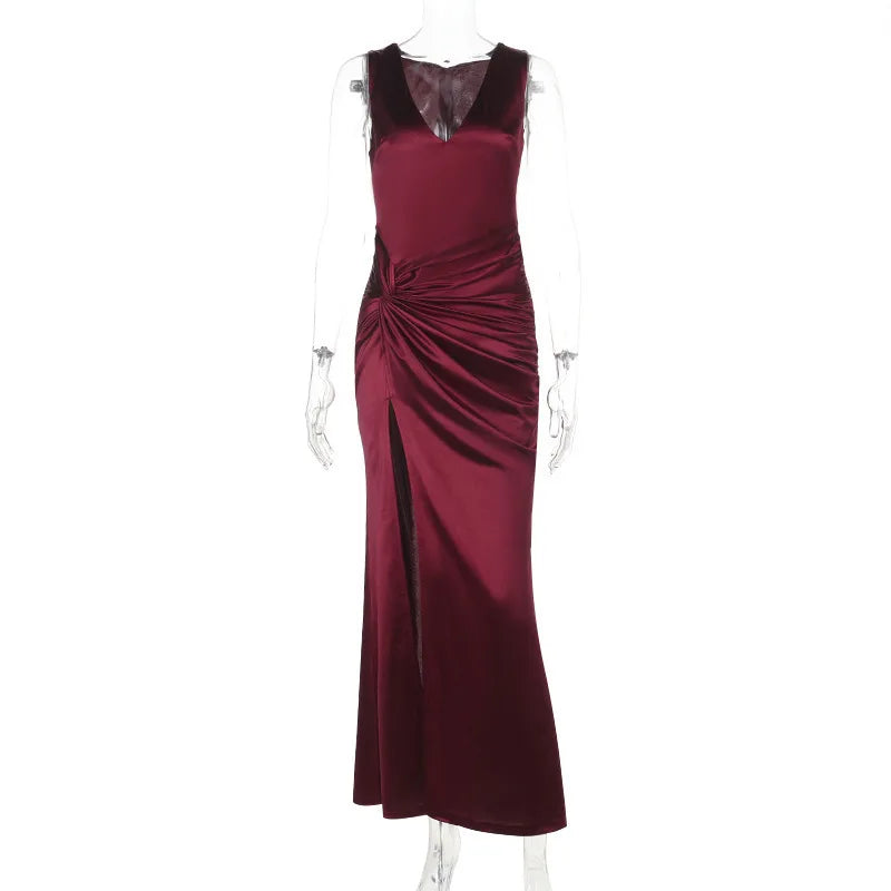 Red Satin High Slit Maxi Dress – Elegant Evening Gown
