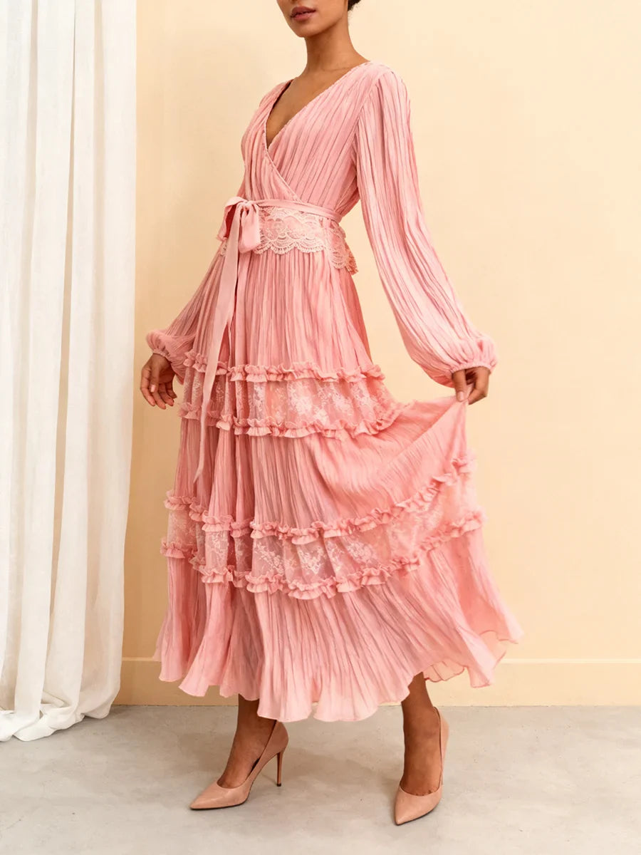 Long Sleeve V-Neck Lace Details Long Dress