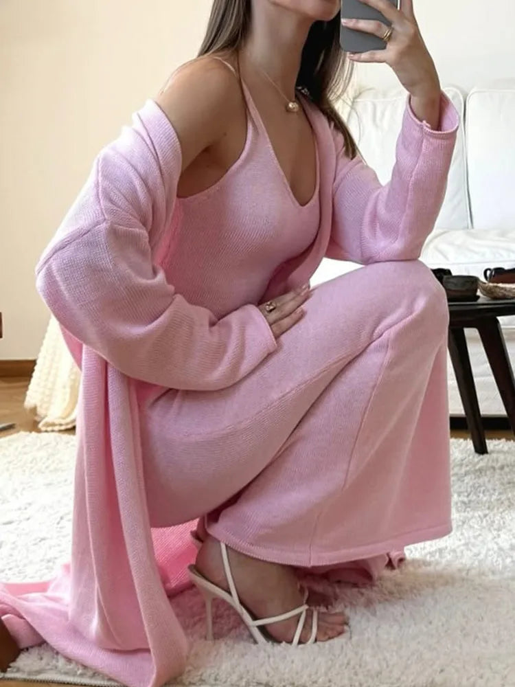 Pink Knit Maxi Dress & Cardigan Co-Ord Set – Elegant 2-Piece Winter Look