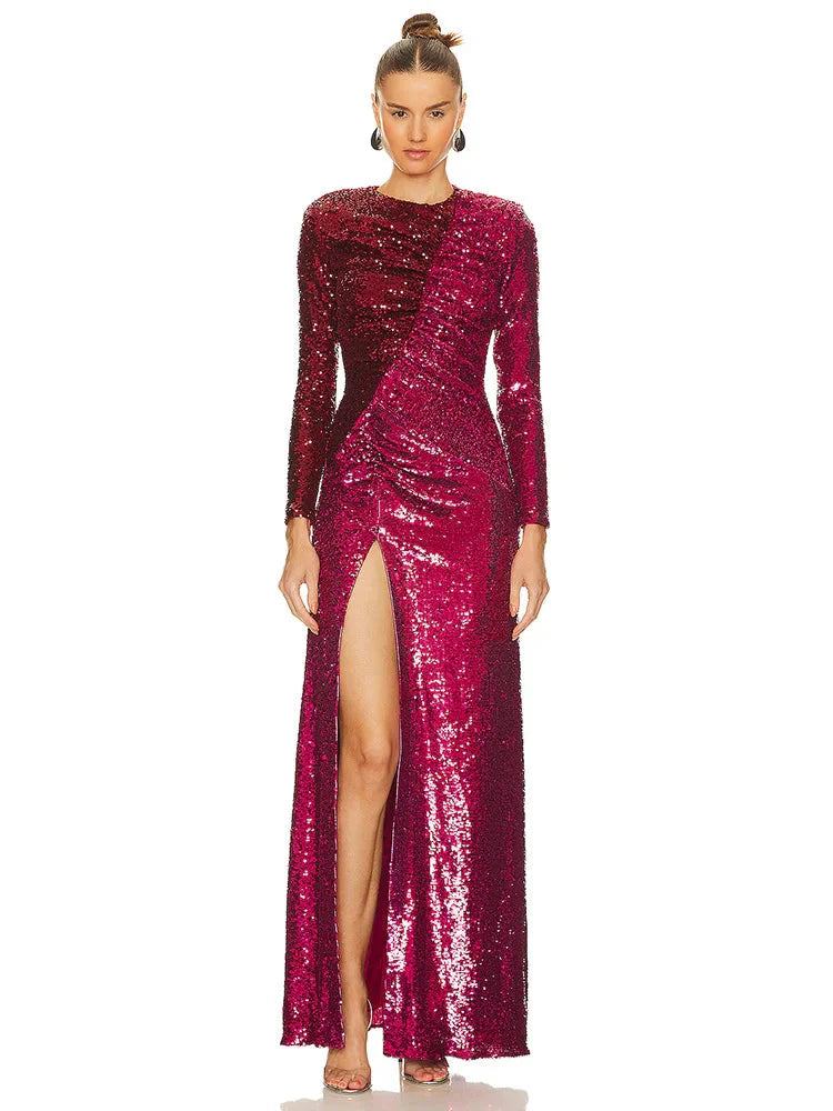 Burgundy Sequin High Split Long Dress