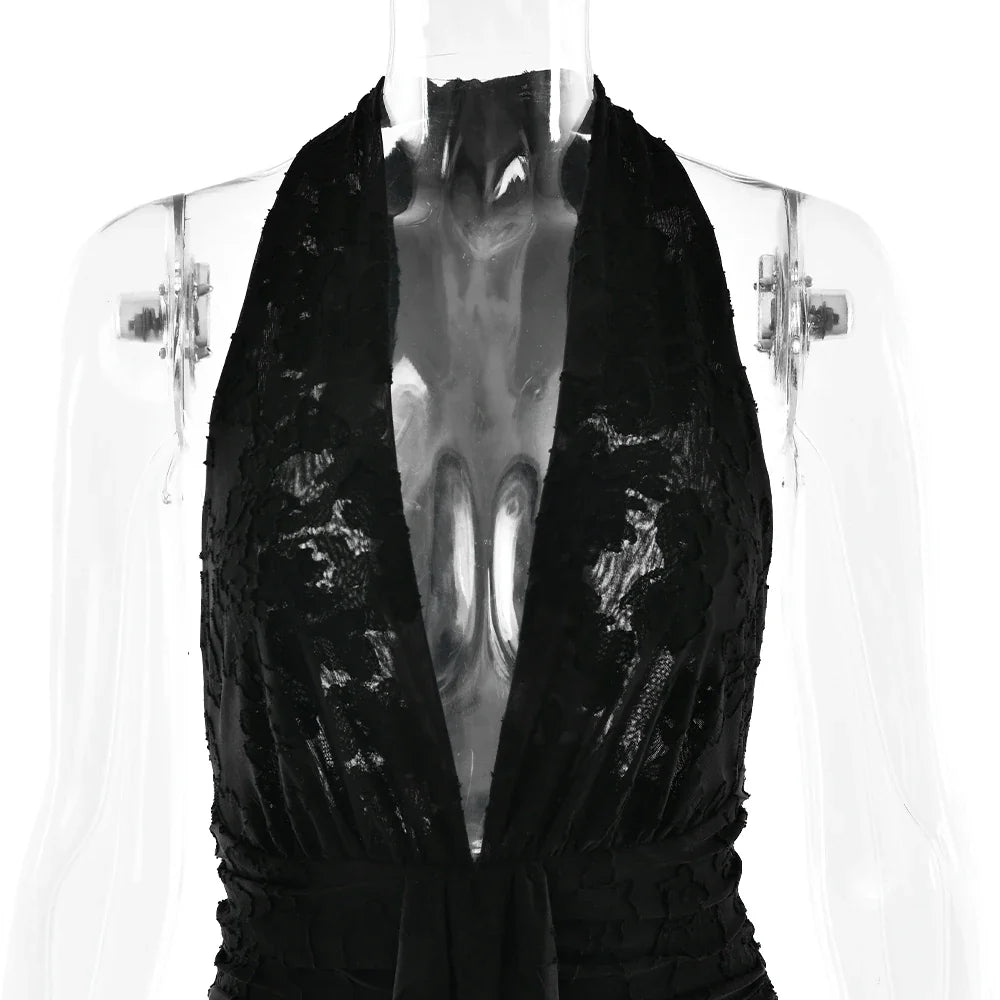 Red Plunge Halter Evening Gown, Draped Maxi