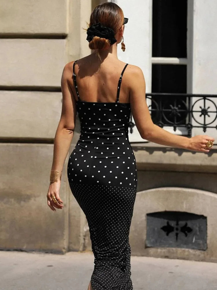 Spaghetti Strap Polka-Dot Slip Maxi Dress