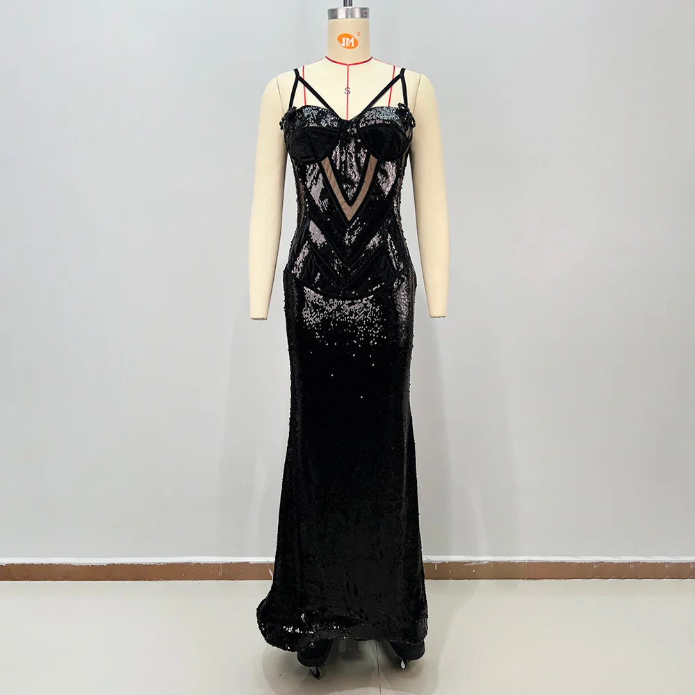 Black Sequin Spaghetti Strap Mermaid Gown