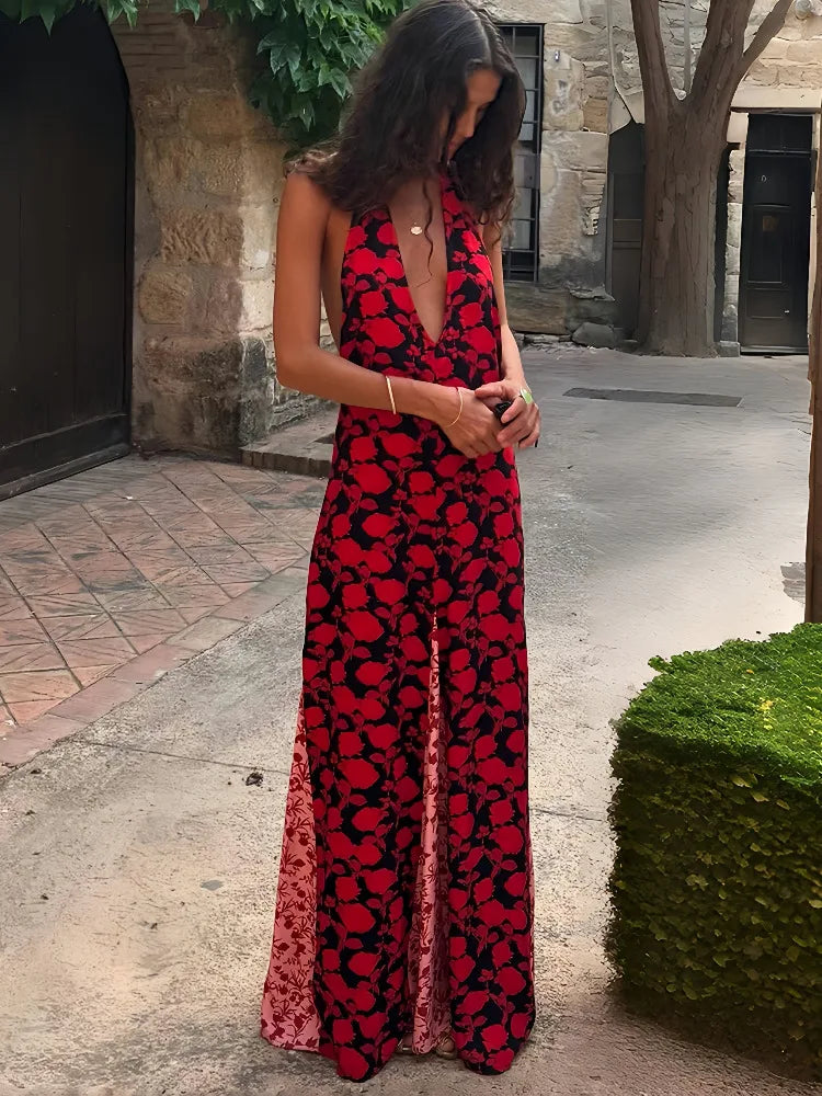 Red & Black Deep V Floral Halter Maxi Dress – Backless Party Gown
