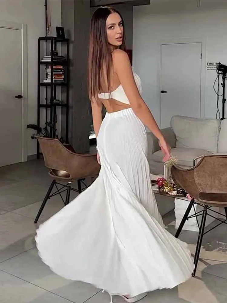 White Elegant Tube Pleated Maxi Dress
