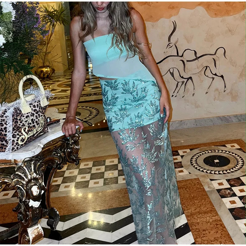 Strapless Sequin Skirt Set | Leaf Mesh Party Co-Ord