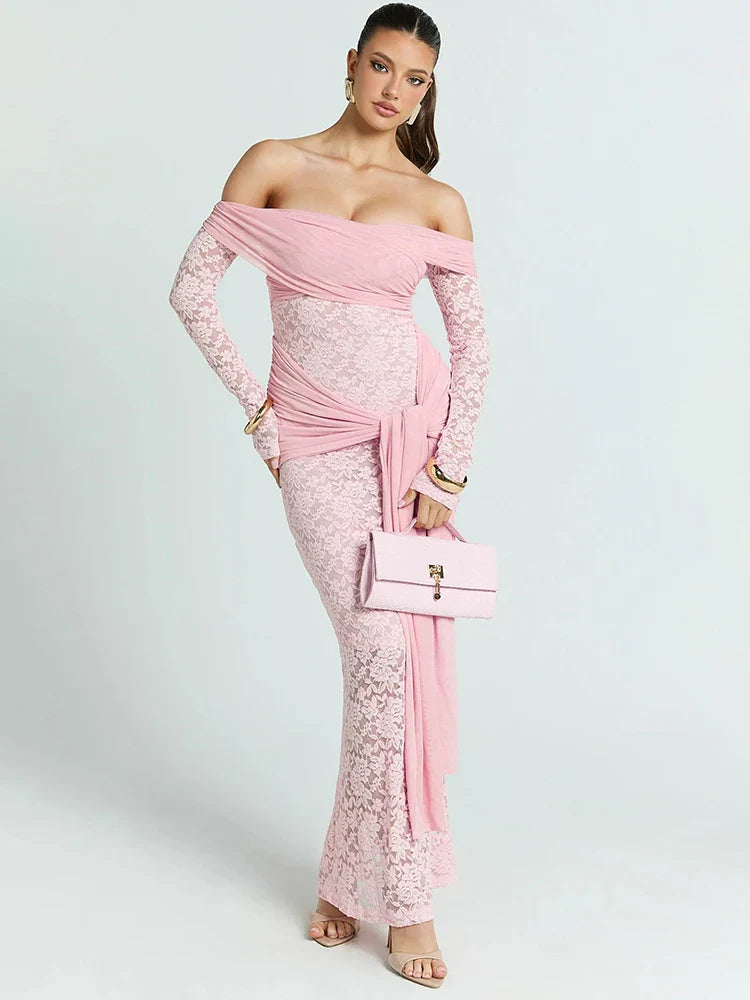 Pink Lace Off-shoulder Wrap Tie-up Maxi Dress