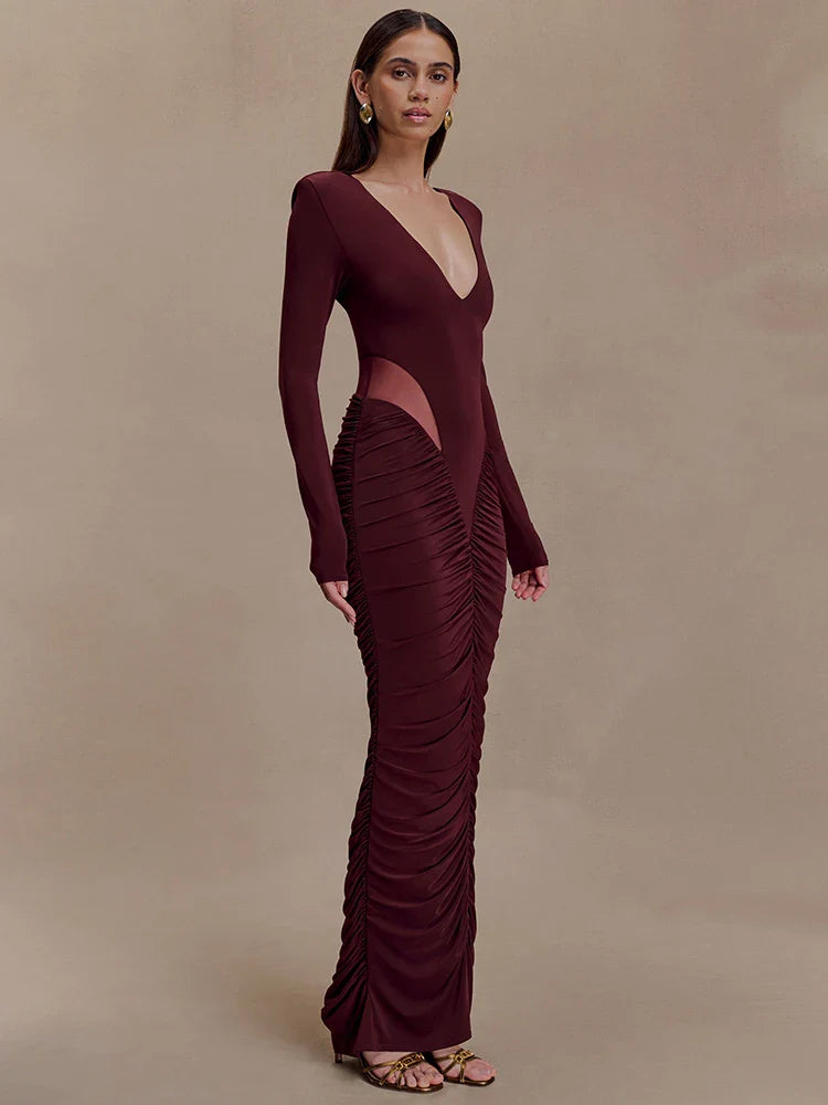 Deep V Neck Long Sleeve Cut Out Maxi Dress