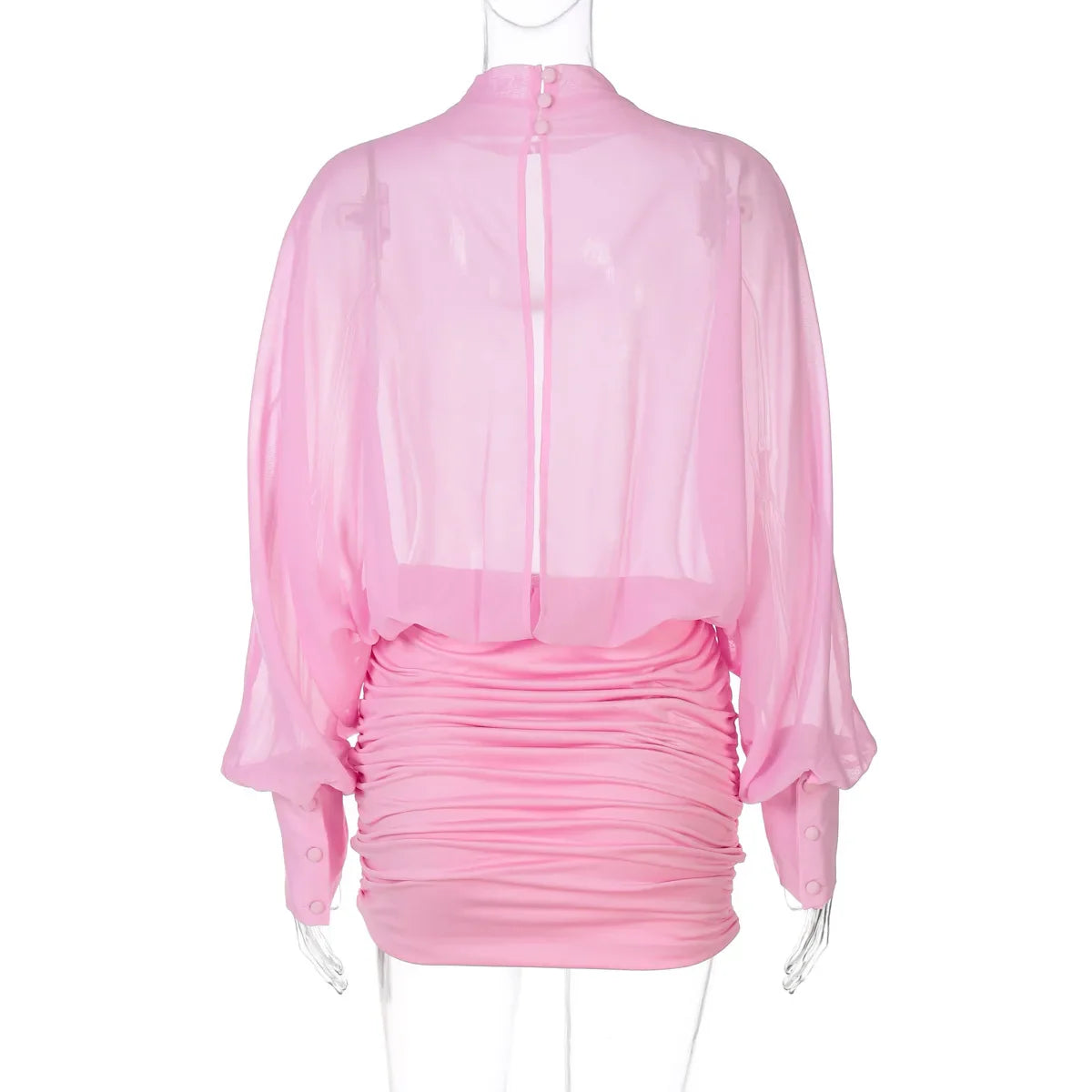 Pink Chiffon Ruched Mini Dress | Sheer Sleeve Vacation Look