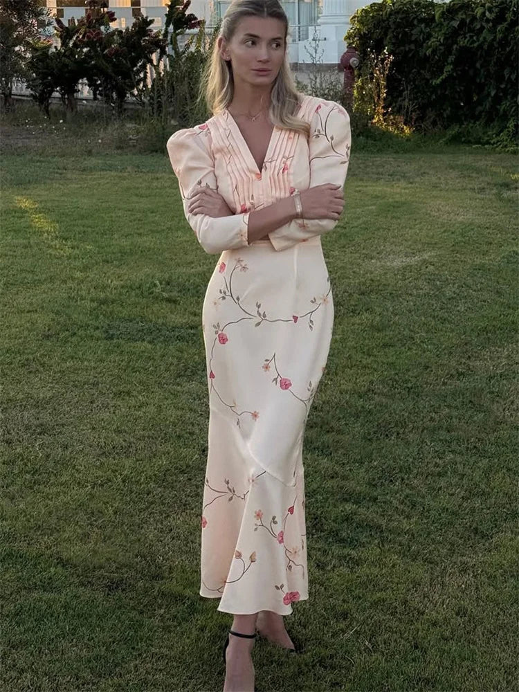 Peach Floral Chiffon Dress | Vintage-Inspired Midi for Garden Soirées