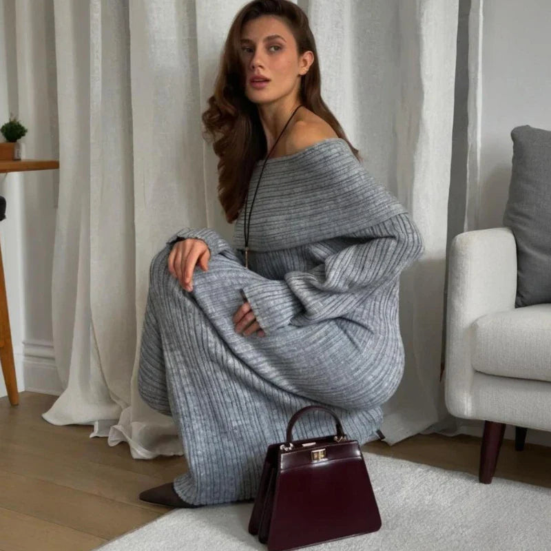 Knitted Off-Shoulder Long-Sleeved Maxi Dress