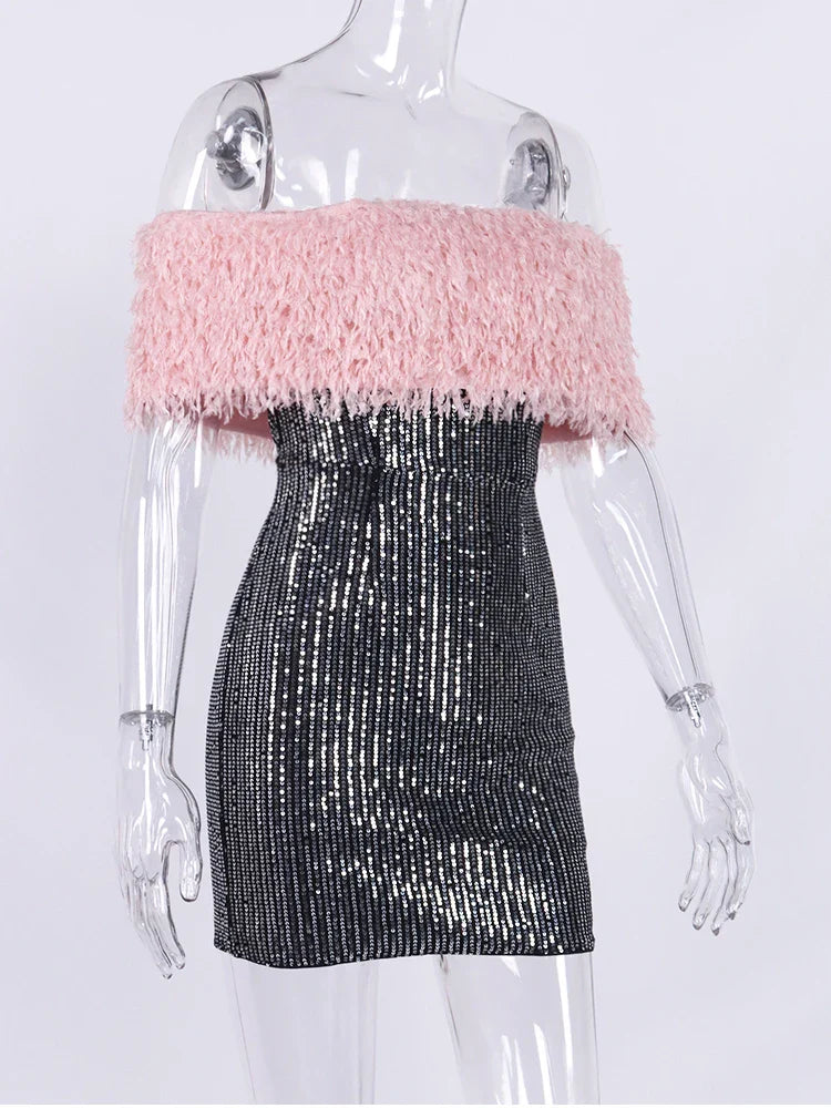 Black Sequin Pink Fur Off-Shoulder Tube Mini Dress