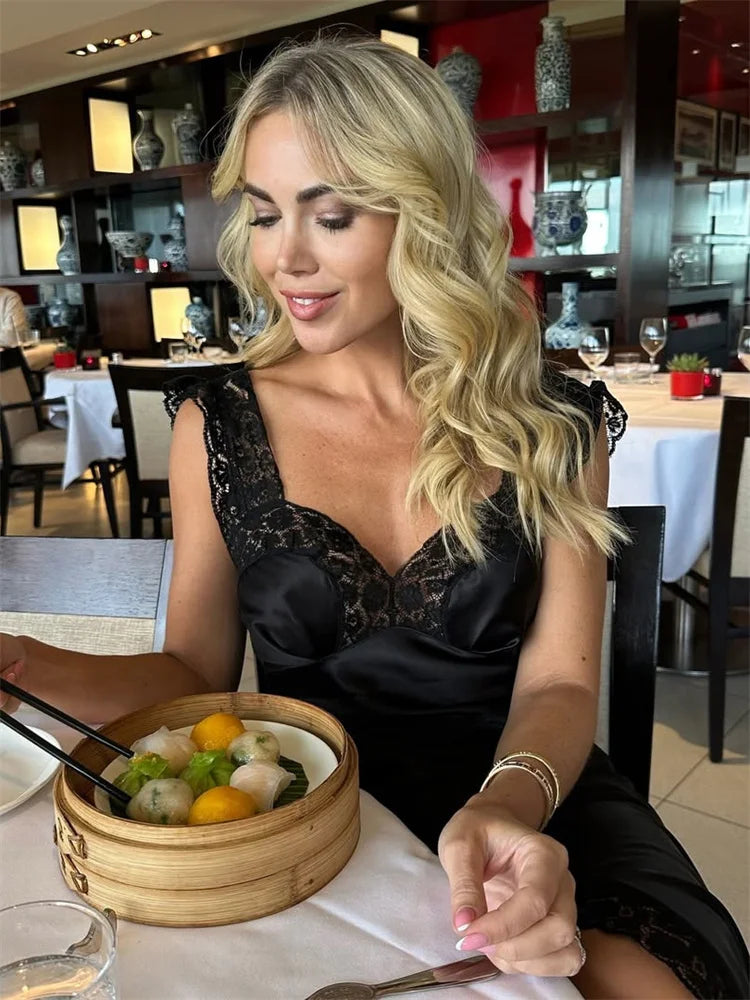 Patchwork Satin Lace Maxi Dress – Elegant V-Neck Evening Gown