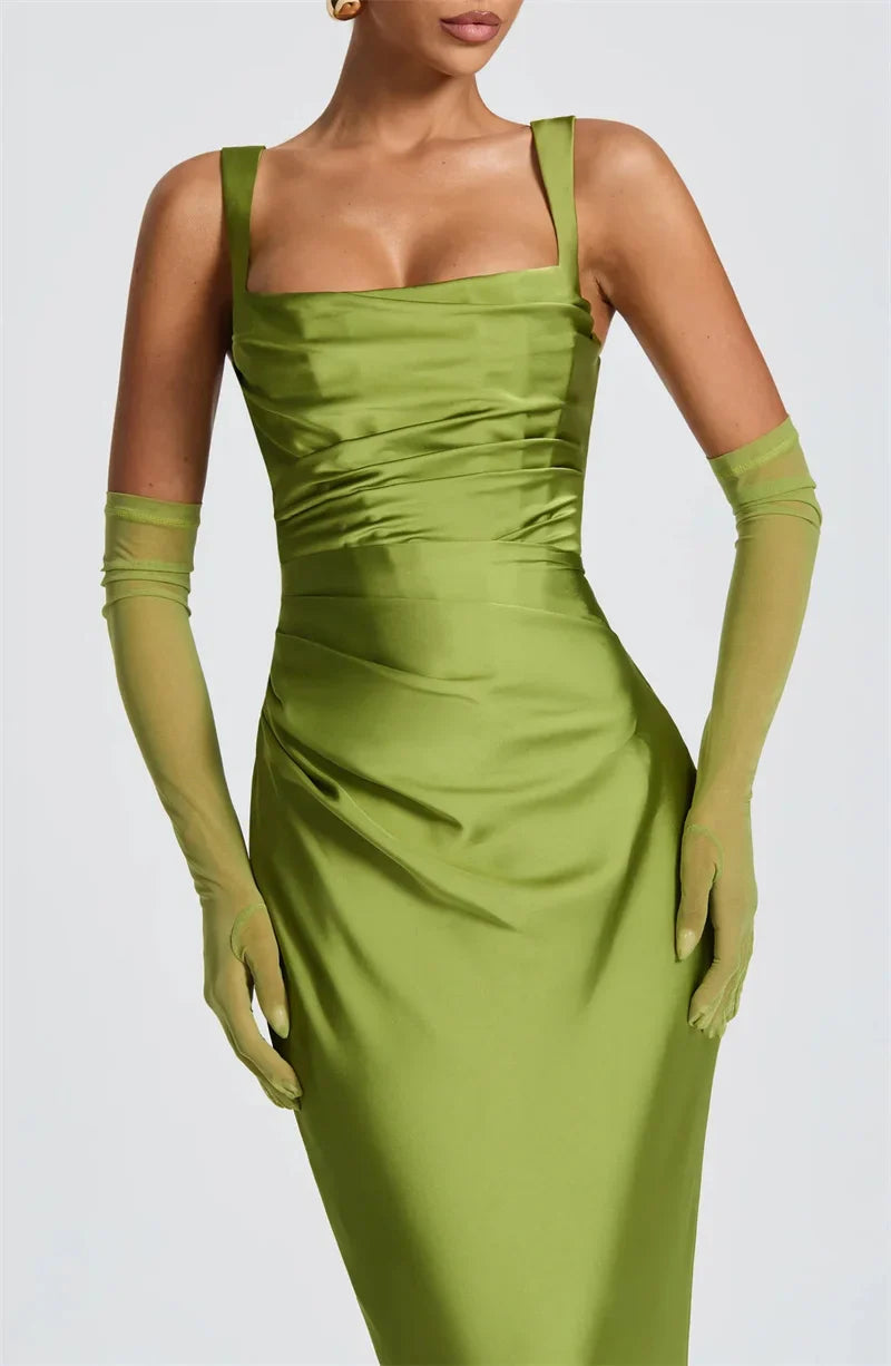 Green Square-Neck Gown with Gloves | Elegant Ankle-Length Dress