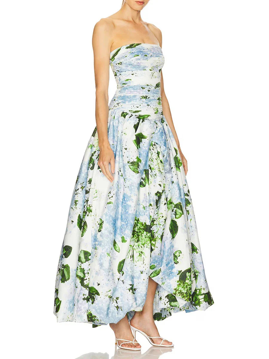 Printed Ruched Strapless Puff Hem Maxi Dress