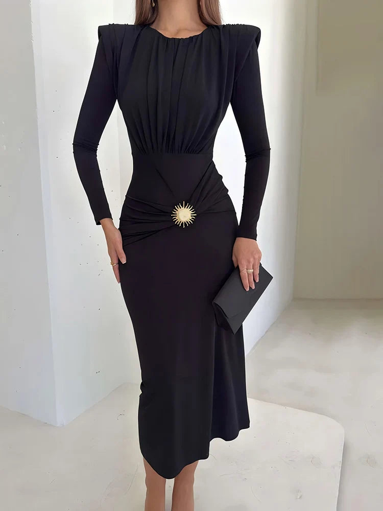 Long Sleeve Draped Metal Detail Maxi Dress