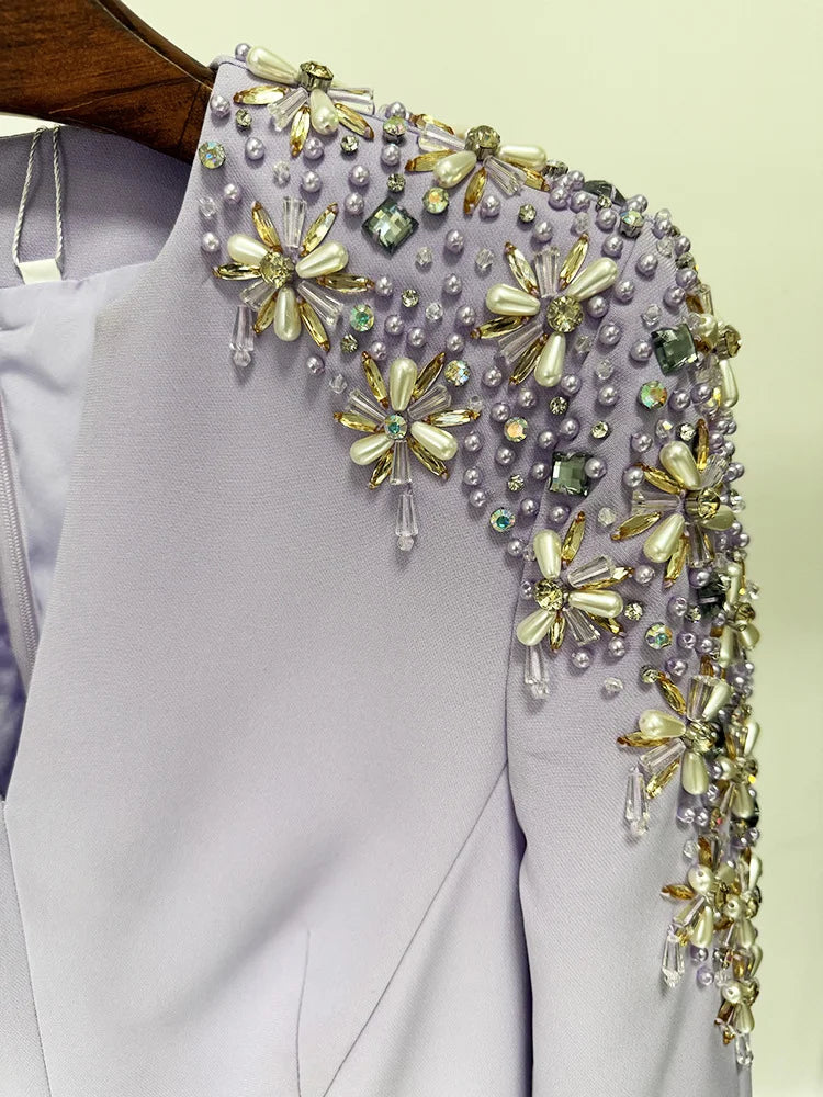 Elegant Diamond Beaded Sleeve Lilac Maxi Dress – Mermaid Silhouette Evening Gown