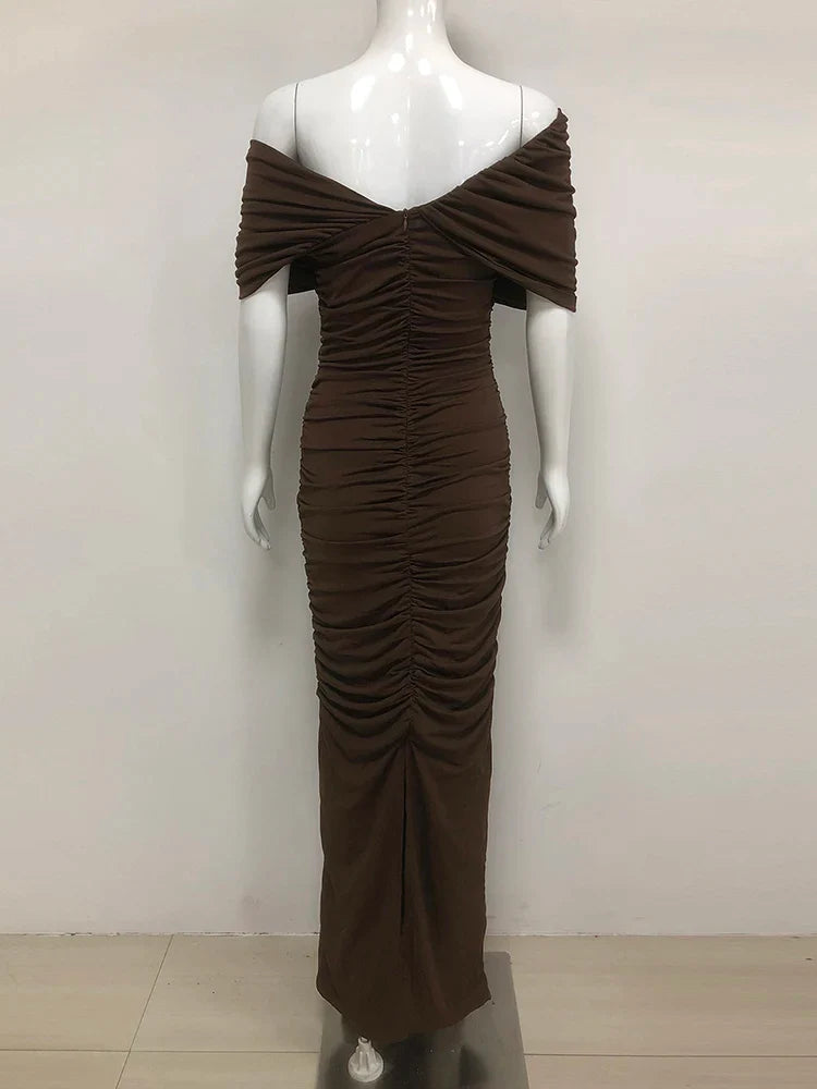 Brown Off Shoulder Hollow Out Evening Dress | V Neck Slim Party Gown