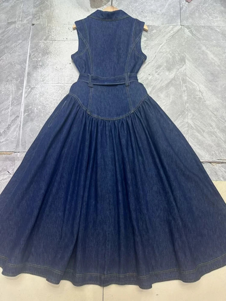 Sleeveless Navy Belted Midi Dress | Chic Gold Button Detail