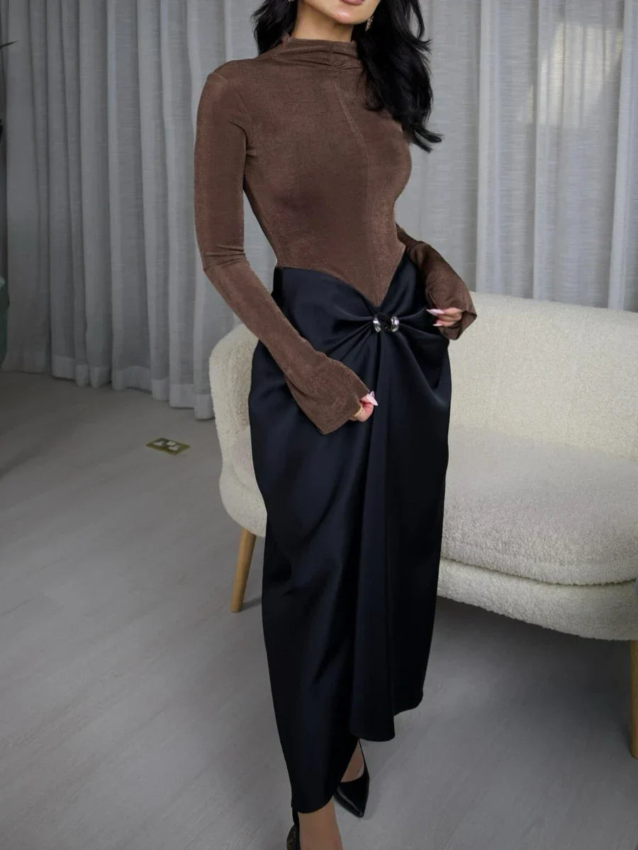 Long Sleeve Turtle Neck And Satin Hook Maxi Skirt Set