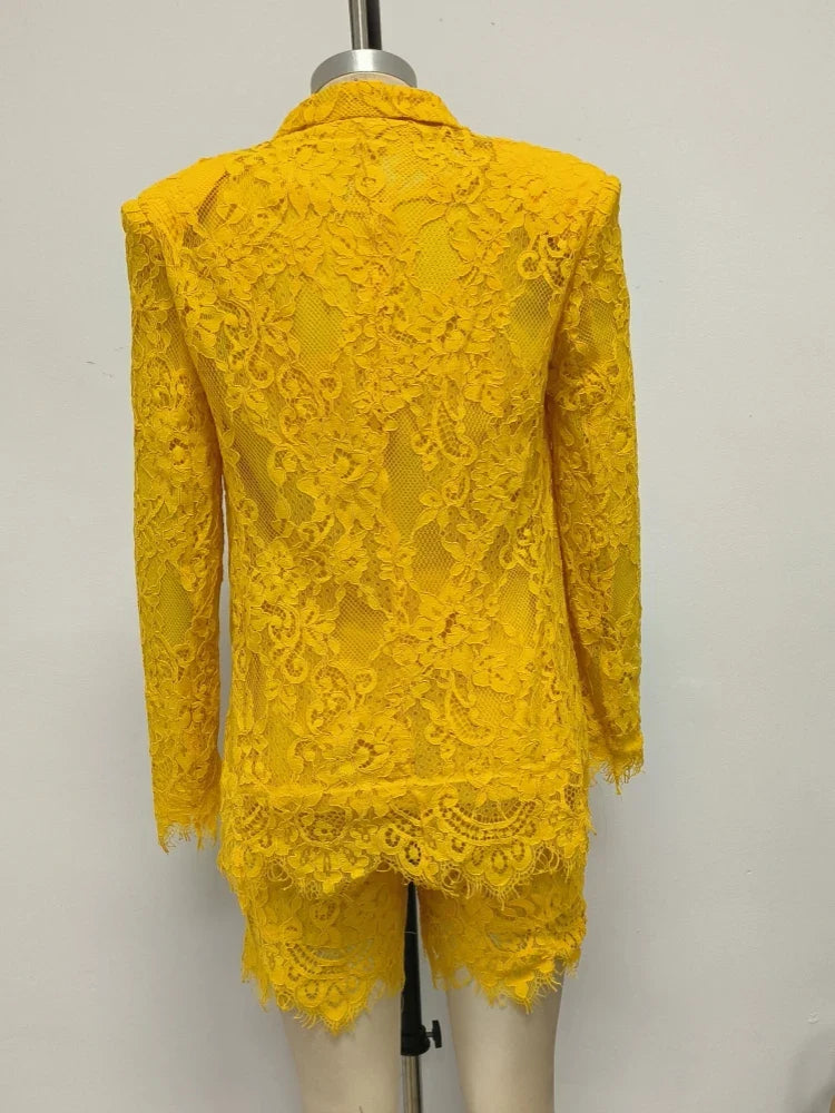 Yellow Lace 3-Piece Suit Set | Blazer, Top & Shorts Evening Wear