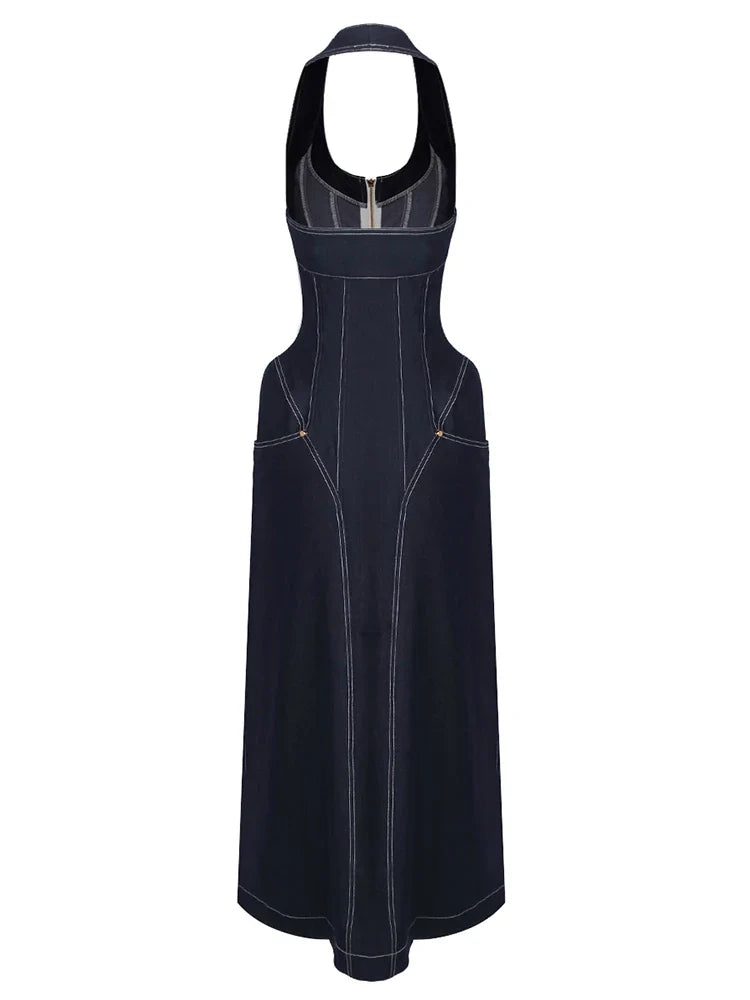 Denim Halter Neck Backless Maxi Dress