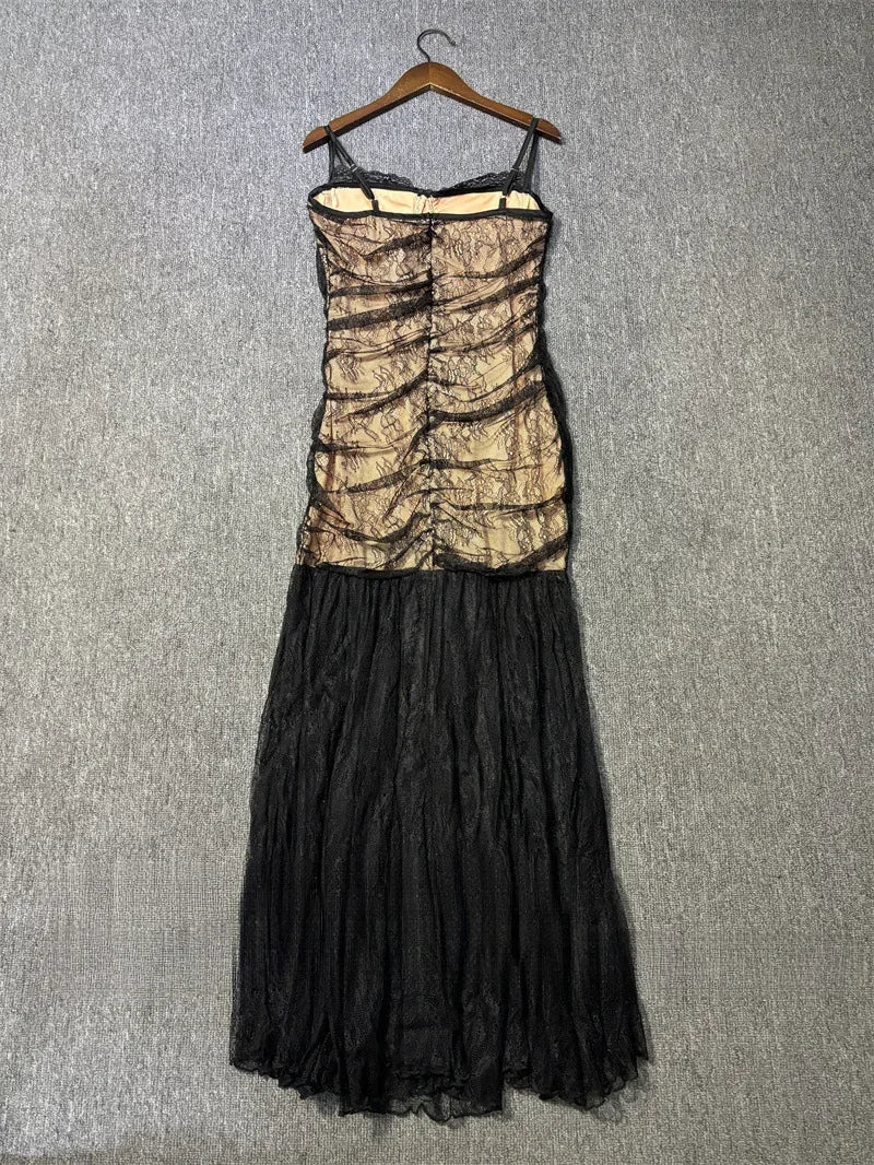 Black Lace Mesh Bodycon Gown with Sheer Overlay