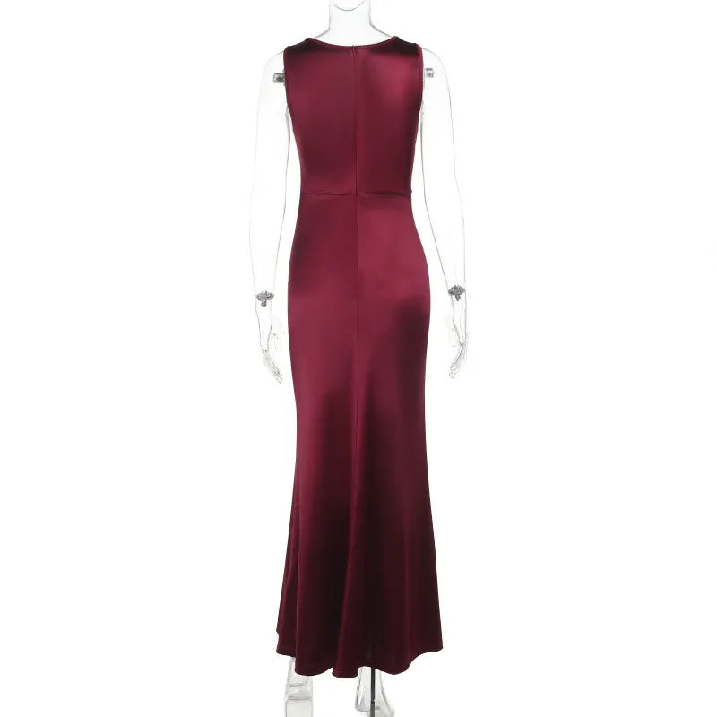 Red Satin High Slit Maxi Dress – Elegant Evening Gown