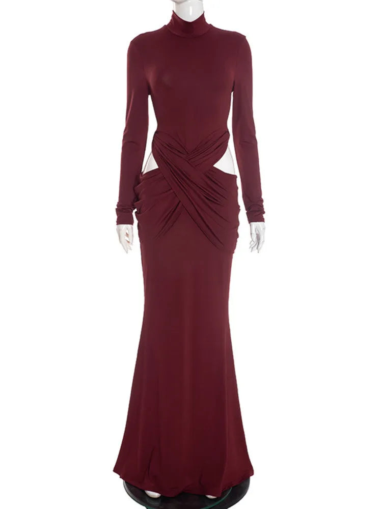 Red Twisted-Waist Draped Turtleneck Evening Gown
