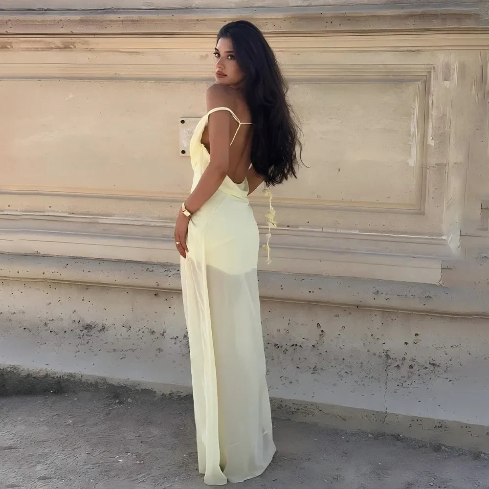 Solid Cowl Neck Chiffon Gown | Backless Tie-Flower Slip Dress