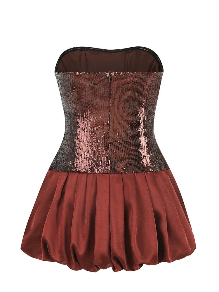 Brown Strapless Sequin Mini Dress | Flirty Glitter Party Style