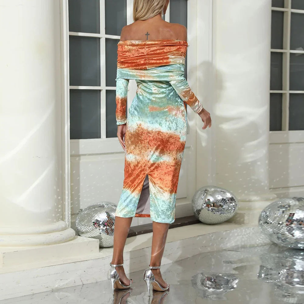 Blue Gradient Tie Dye Off Shoulder Midi Dress | Party Elegance