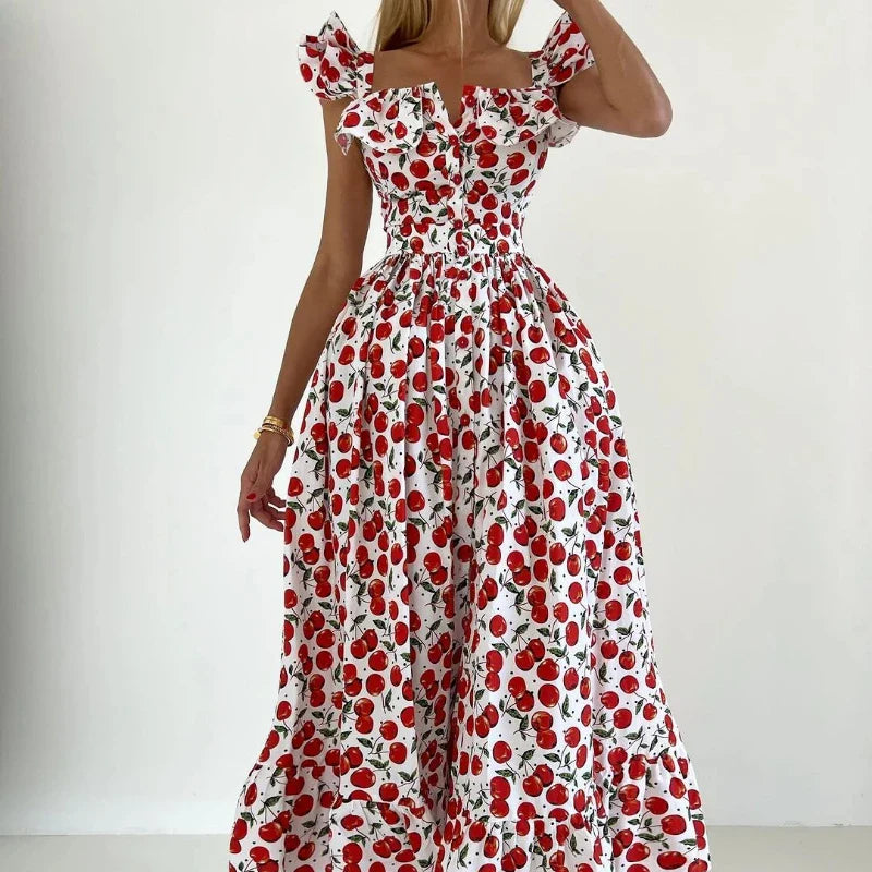 Elegant Ruffled Paisley Maxi Dress for Summer Soirees