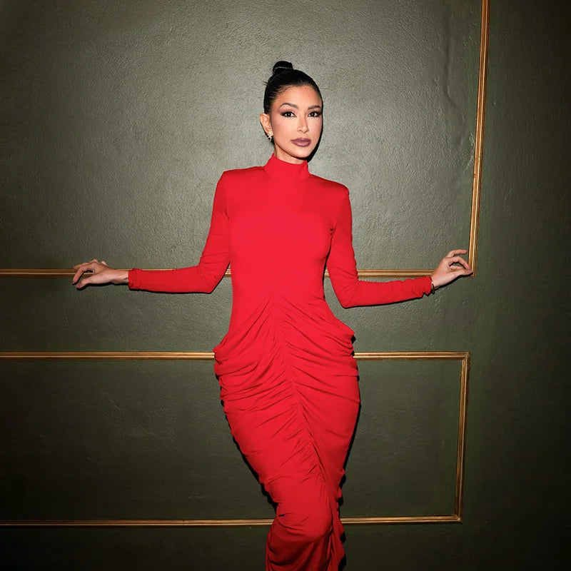 Turtleneck Ruched Long Sleeve Maxi Dress